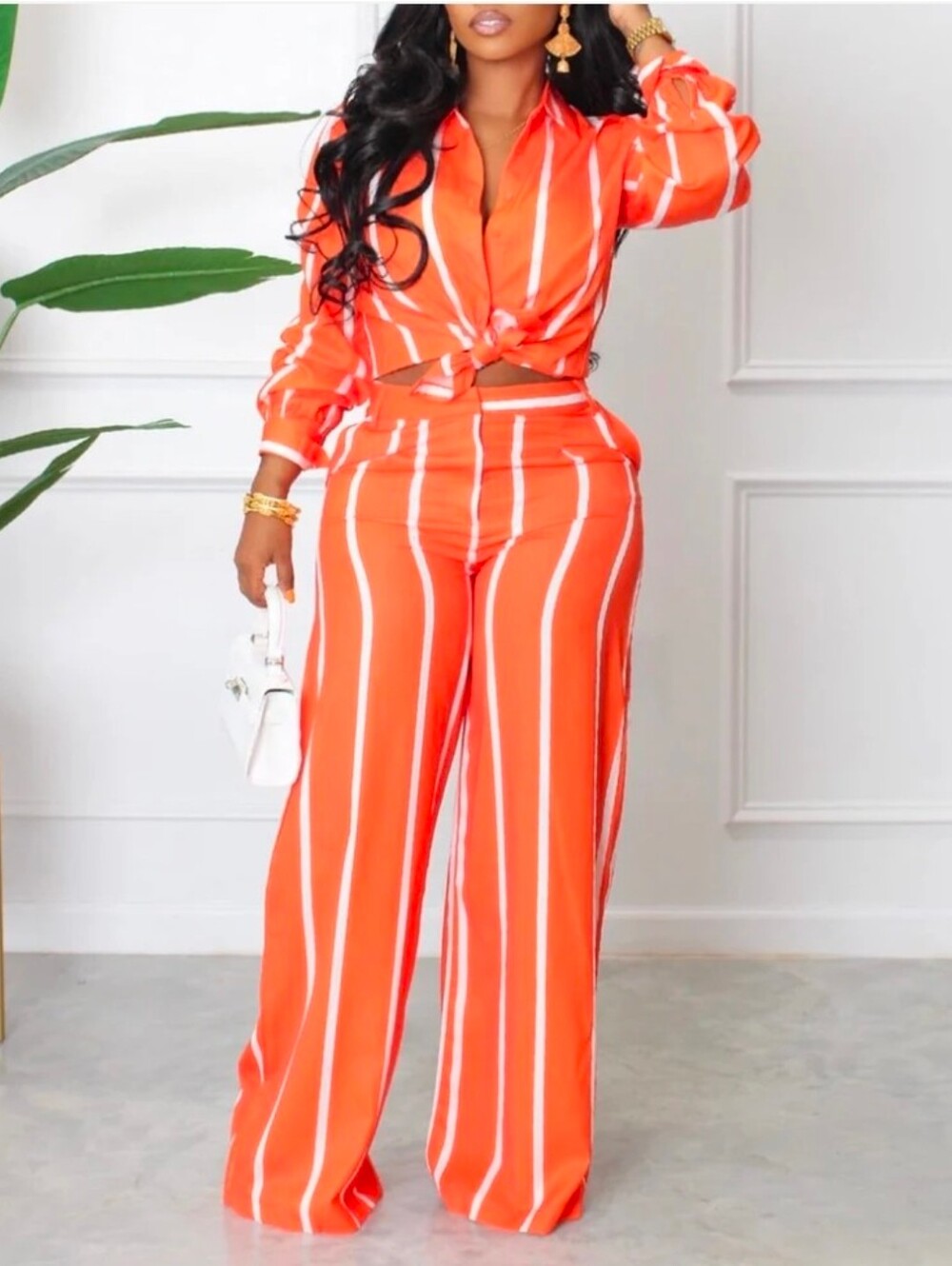 SELLING OUT FAST- Women's Orange Striped Wide-Leg 2 PIECE Set